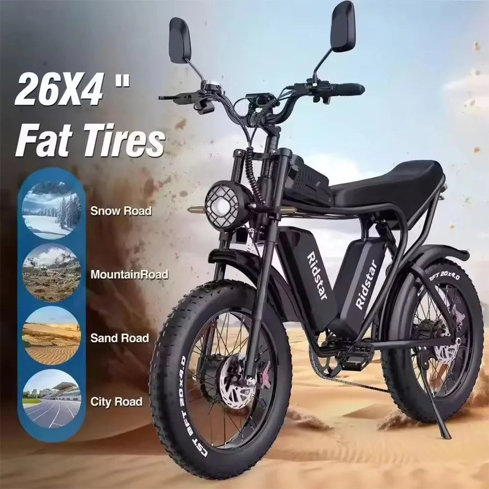 New Electric Bicycle Ridstar Q20 2000W 52V 40AH Electric Bike Dual Motor Battery 20*4.0inch Fat Tire Mountain Snow Off-road Bike