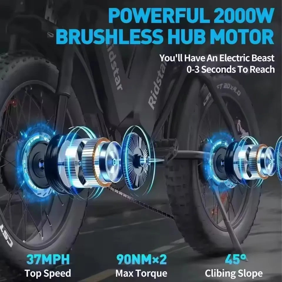 New Electric Bicycle Ridstar Q20 2000W 52V 40AH Electric Bike Dual Motor Battery 20*4.0inch Fat Tire Mountain Snow Off-road Bike