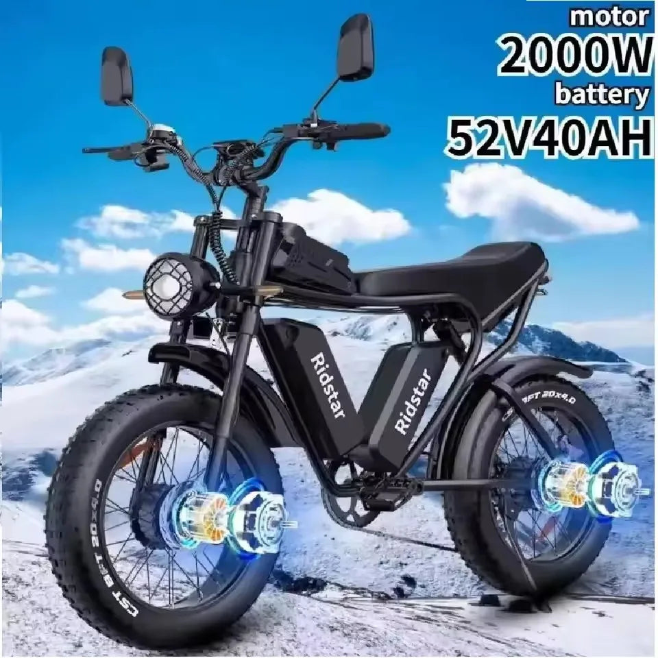 New Electric Bicycle Ridstar Q20 2000W 52V 40AH Electric Bike Dual Motor Battery 20*4.0inch Fat Tire Mountain Snow Off-road Bike