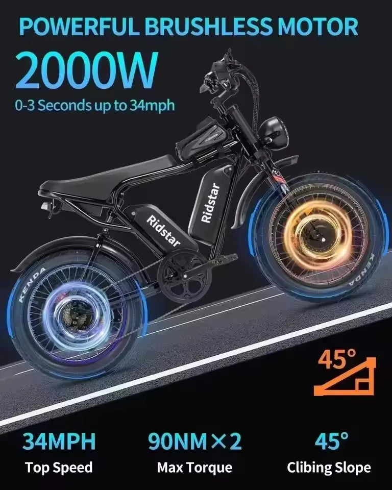 New Electric Bicycle Ridstar Q20 2000W 52V 40AH Electric Bike Dual Motor Battery 20*4.0inch Fat Tire Mountain Snow Off-road Bike