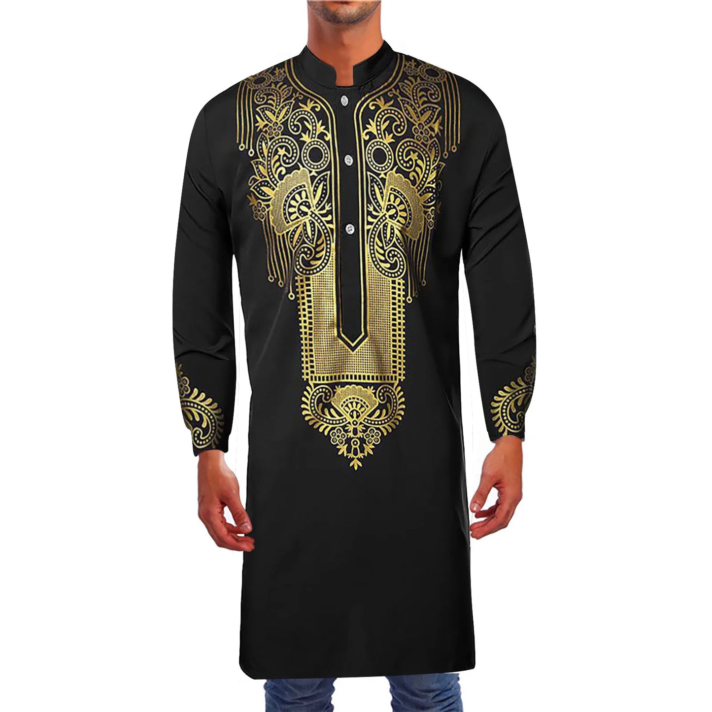Men Abaya Stand Collar Kaftan Plain Gown Shirts