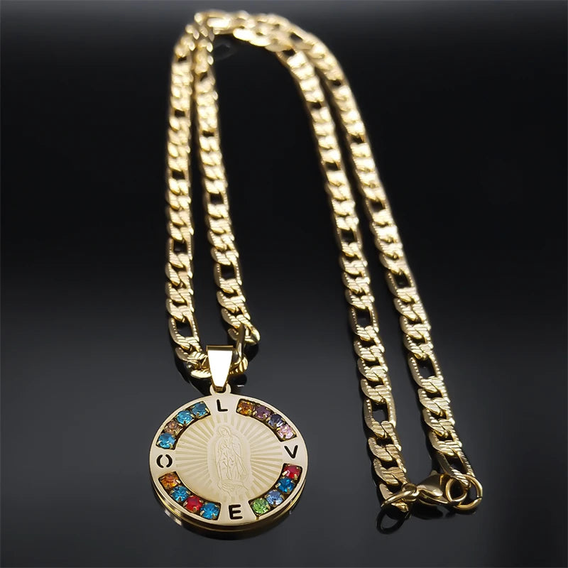 Virgin Mary Love Colorful Crystal Necklace Women Men Stainless Steel Gold Color Chains Our Lady of Guadalupe Necklaces Jewelry