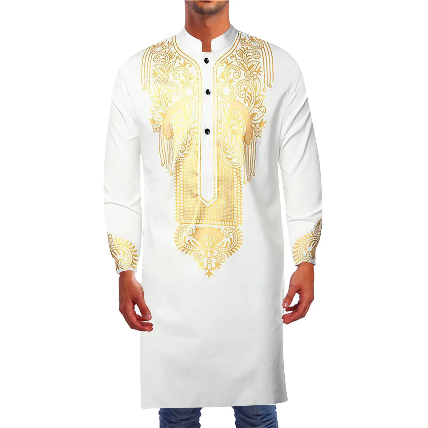 Men Abaya Stand Collar Kaftan Plain Gown Shirts
