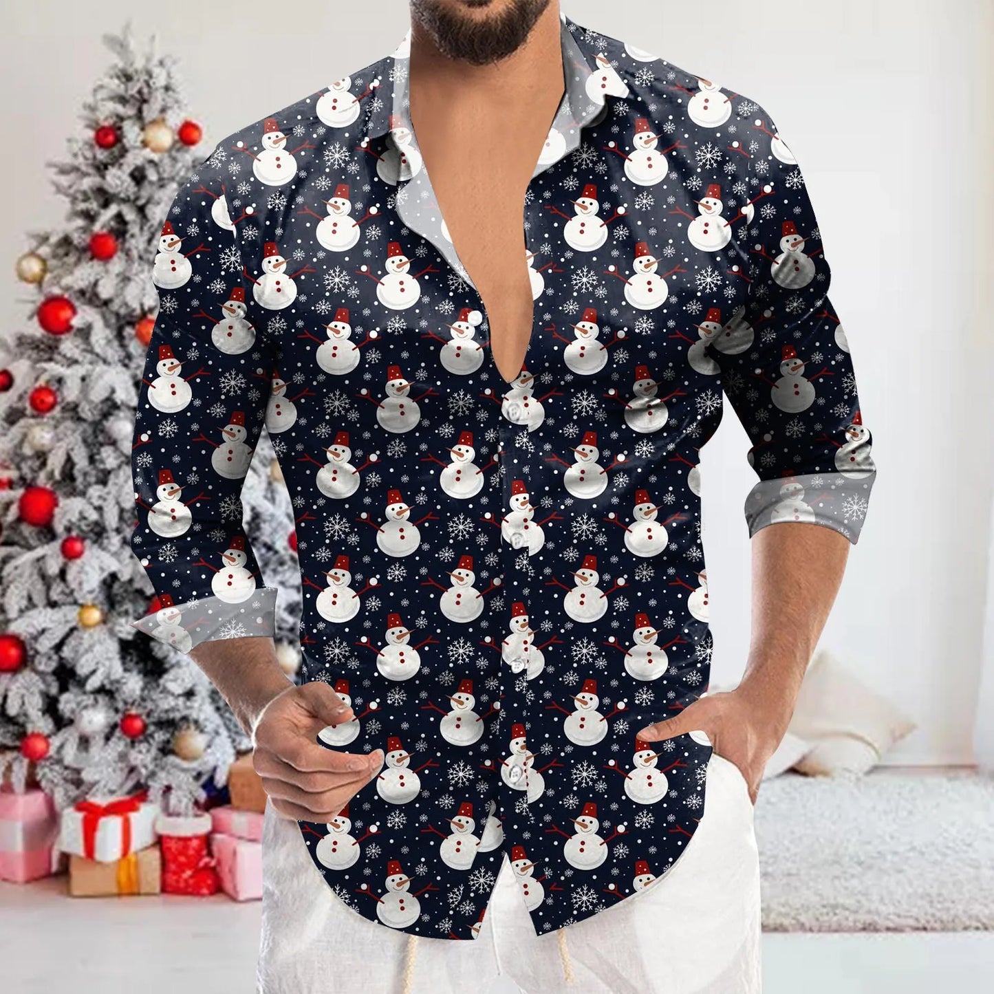 Digital 3D Print Men's Shirts Christmas Elk Plaid