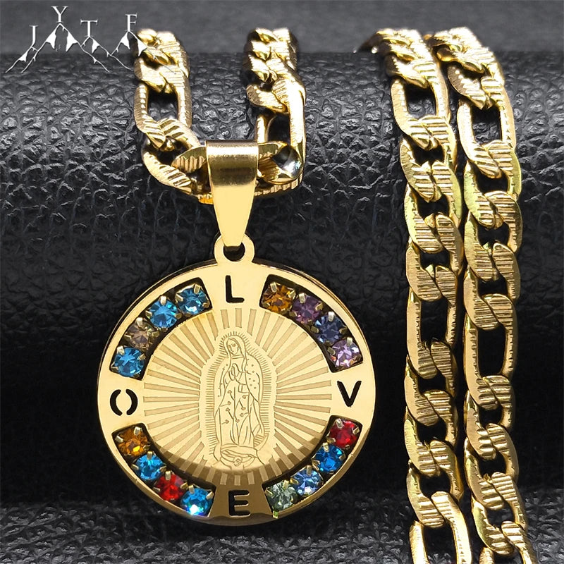 Virgin Mary Love Colorful Crystal Necklace Women Men Stainless Steel Gold Color Chains Our Lady of Guadalupe Necklaces Jewelry