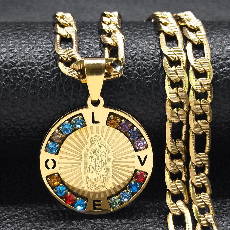 Virgin Mary Love Colorful Crystal Necklace Women Men Stainless Steel Gold Color Chains Our Lady of Guadalupe Necklaces Jewelry