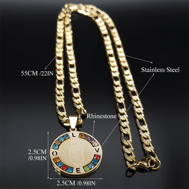 Virgin Mary Love Colorful Crystal Necklace Women Men Stainless Steel Gold Color Chains Our Lady of Guadalupe Necklaces Jewelry