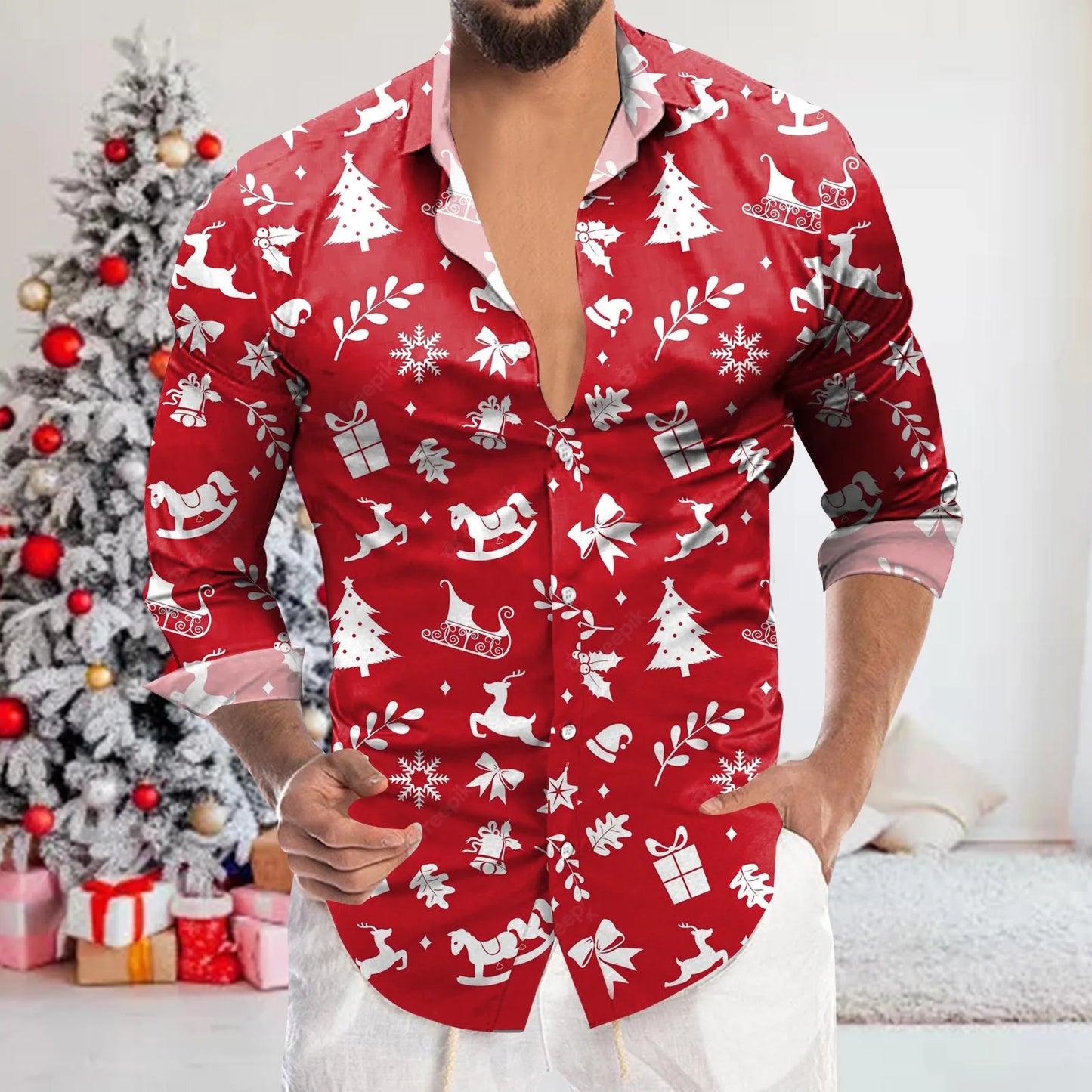 Digital 3D Print Men's Shirts Christmas Elk Plaid