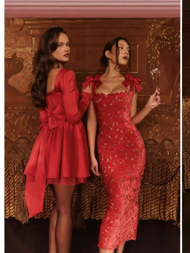Elegant Red Bow Embroidery Dress