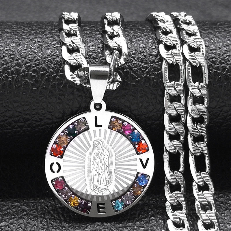 Virgin Mary Love Colorful Crystal Necklace Women Men Stainless Steel Gold Color Chains Our Lady of Guadalupe Necklaces Jewelry