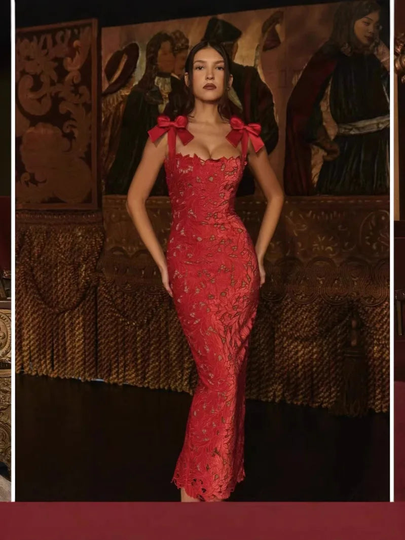 Elegant Red Bow Embroidery Dress