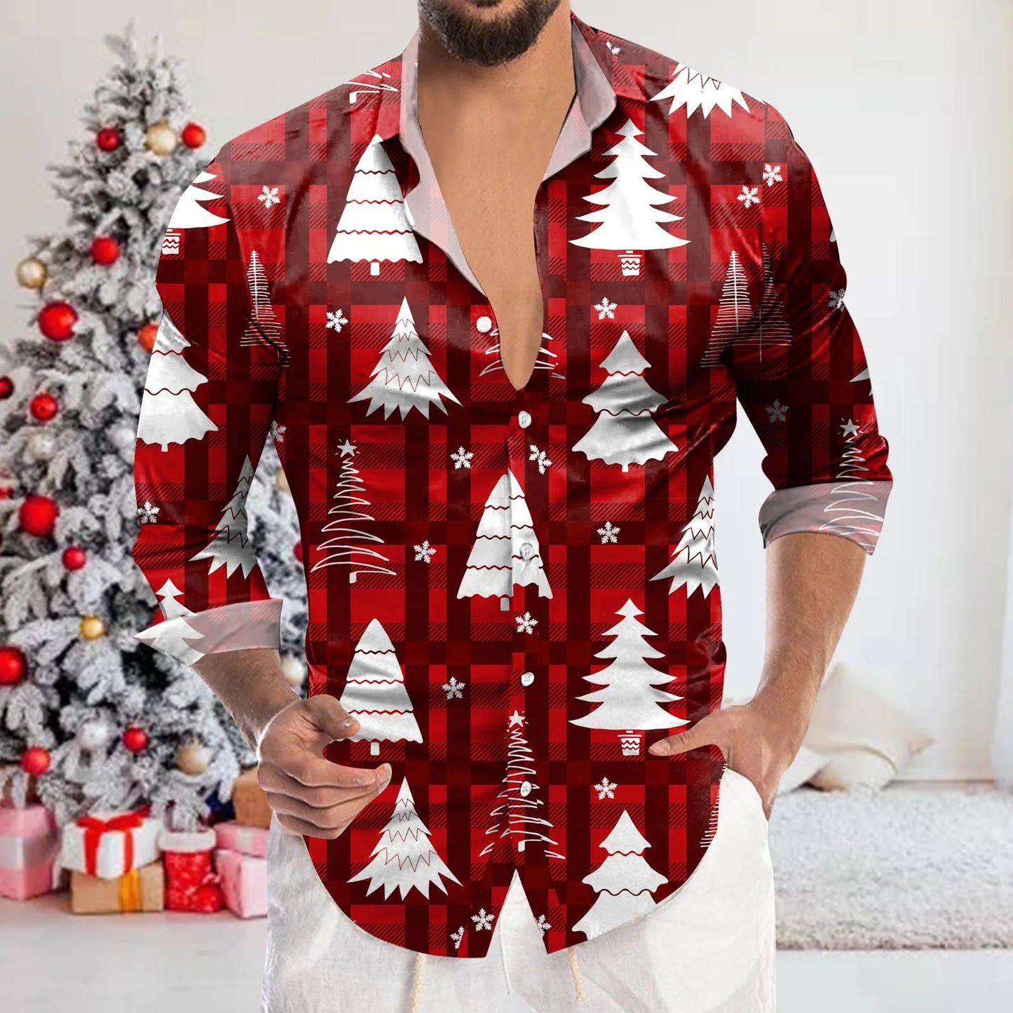 Digital 3D Print Men's Shirts Christmas Elk Plaid