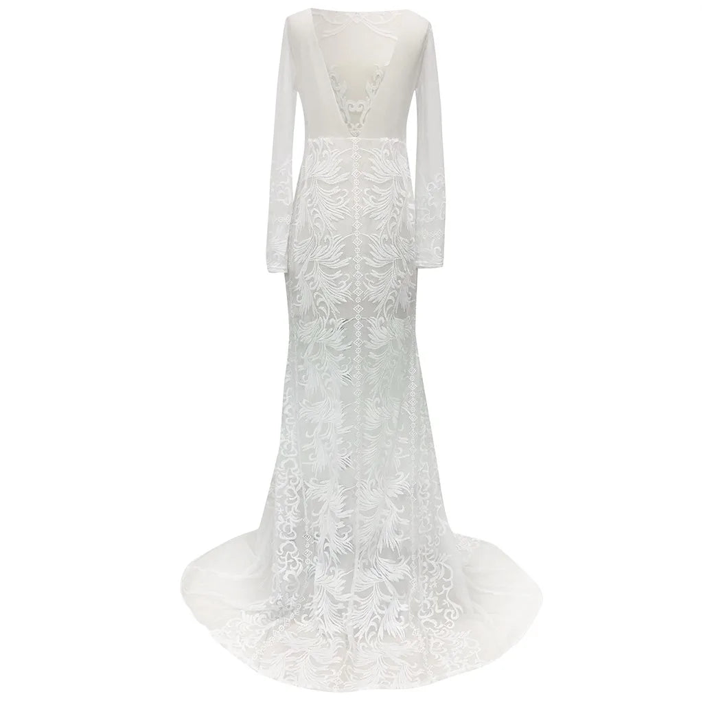Sexy Solid Color Long Sleeve Dress Lace See-Through