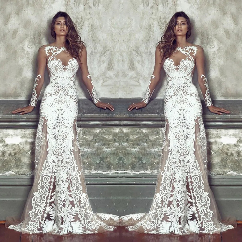 Sexy Solid Color Long Sleeve Dress Lace See-Through