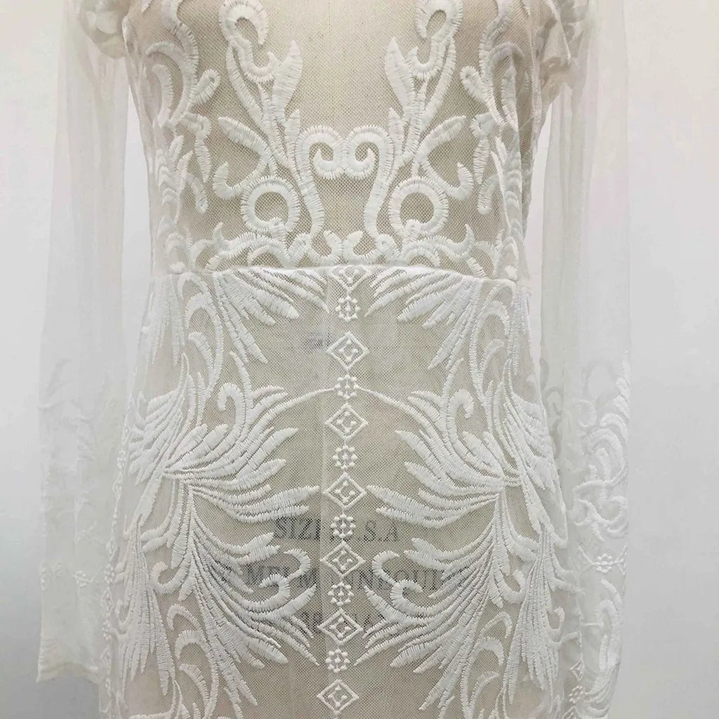 Sexy Solid Color Long Sleeve Dress Lace See-Through