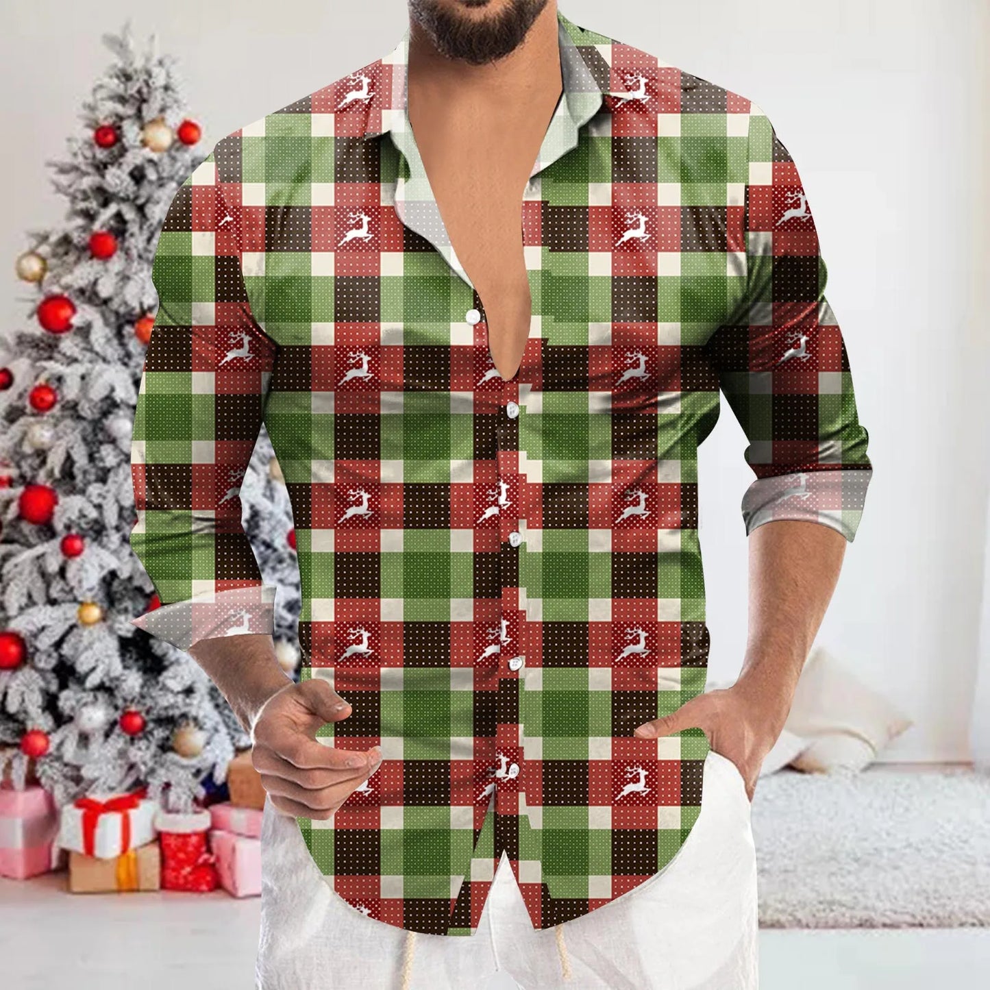 Digital 3D Print Men's Shirts Christmas Elk Plaid