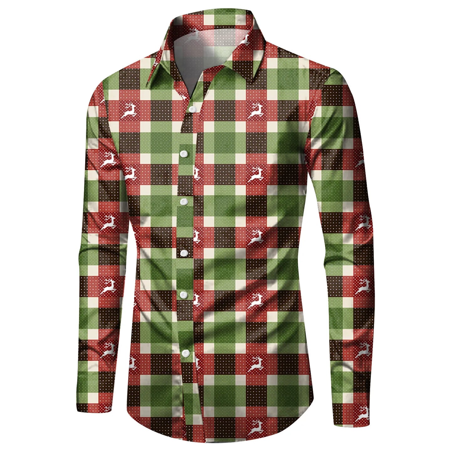 Digital 3D Print Men's Shirts Christmas Elk Plaid