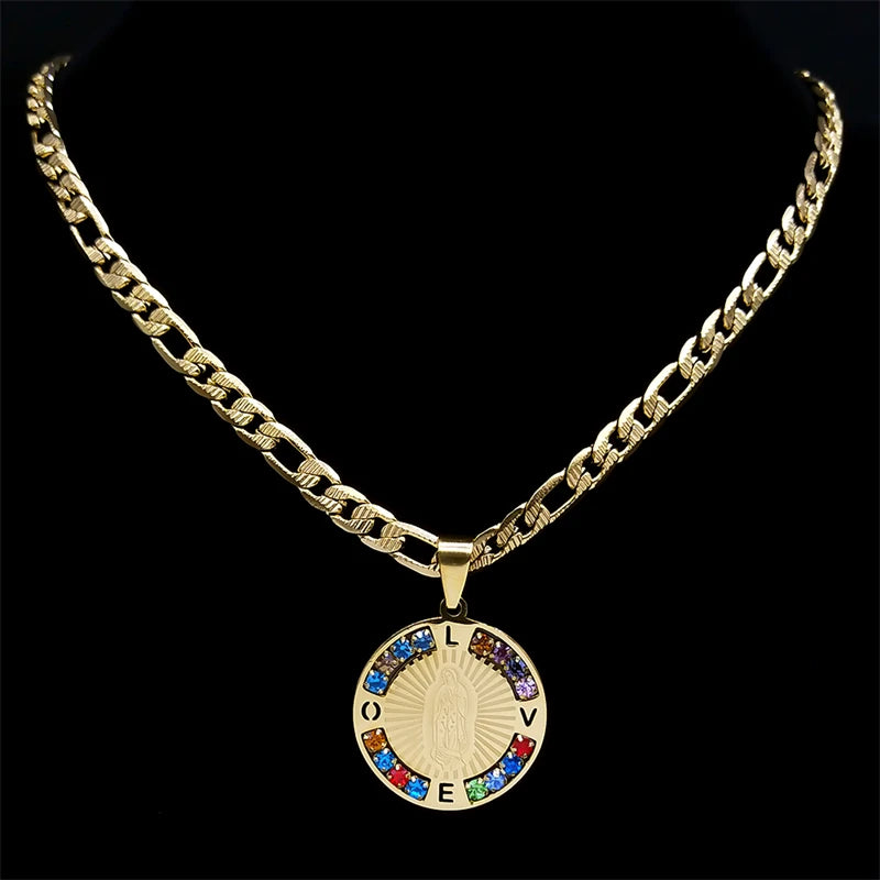 Virgin Mary Love Colorful Crystal Necklace Women Men Stainless Steel Gold Color Chains Our Lady of Guadalupe Necklaces Jewelry