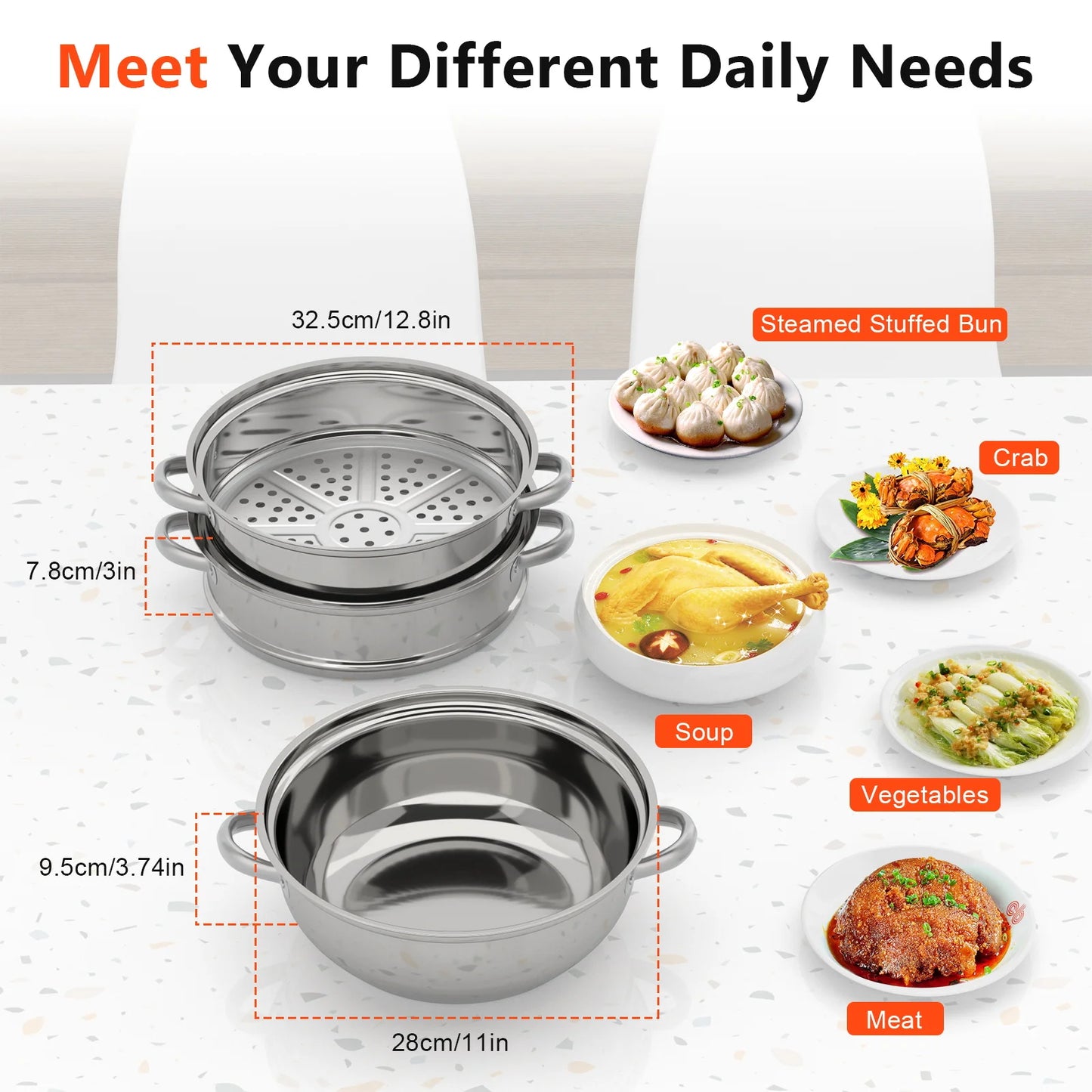 3-Tier Stainless Steel Steamer 11 Inch Diameter