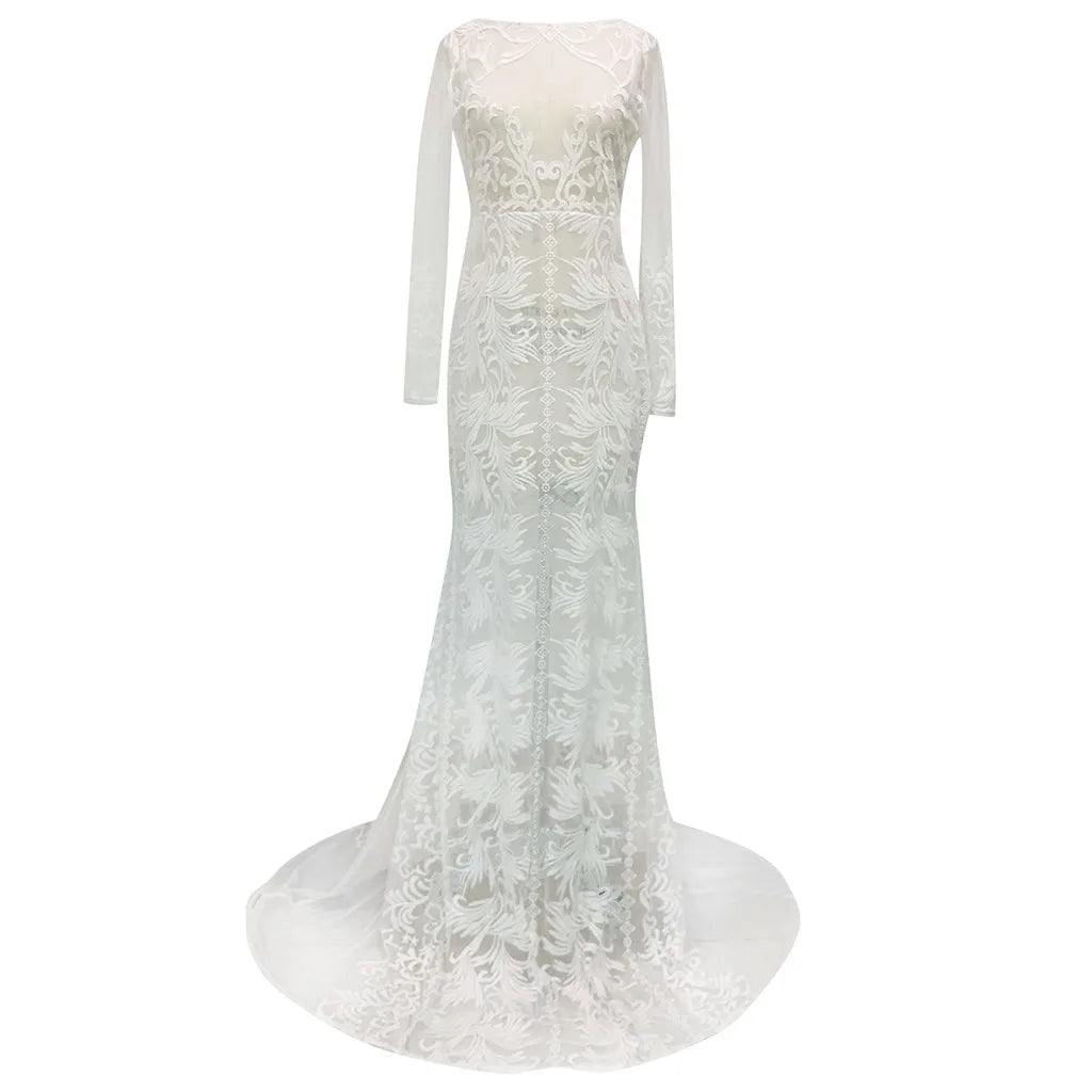 Sexy Solid Color Long Sleeve Dress Lace See-Through