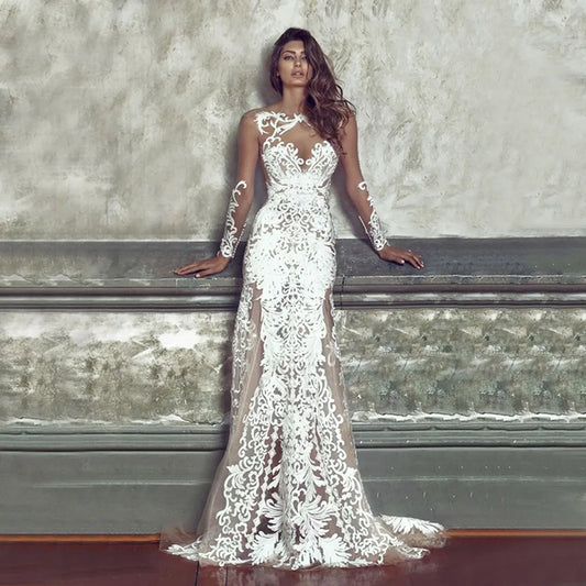 Sexy Solid Color Long Sleeve Dress Lace See-Through
