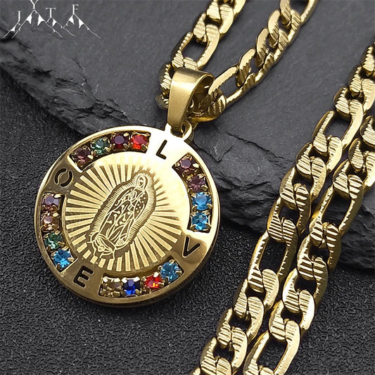 Virgin Mary Love Colorful Crystal Necklace Women Men Stainless Steel Gold Color Chains Our Lady of Guadalupe Necklaces Jewelry